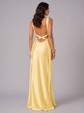 Women's Yellow Satin Open Back Maxi Dress Tie Back Wedding Guest Formal Gown